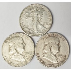 UNITED STATES OF AMERICA 1943, 1951, 1963 . 1/2 HALF  DOLLAR COINS